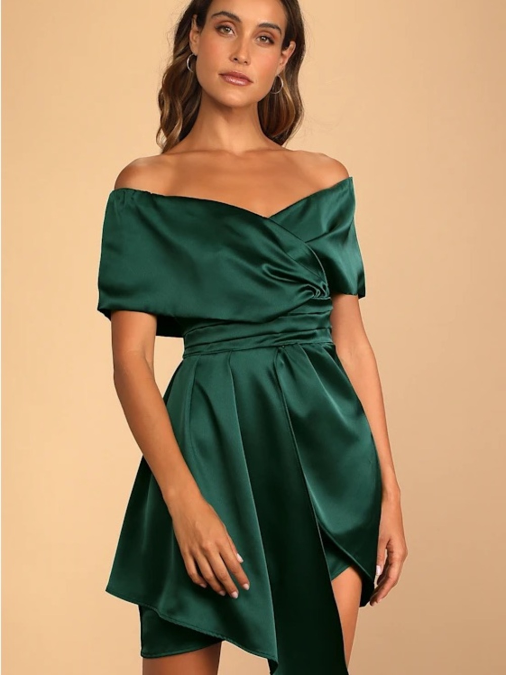Lulus Off-Shoulder Emerald Green Satin Cocktail Dress